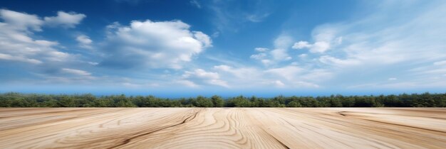 Empty wooden table top with blur natural blue sky background