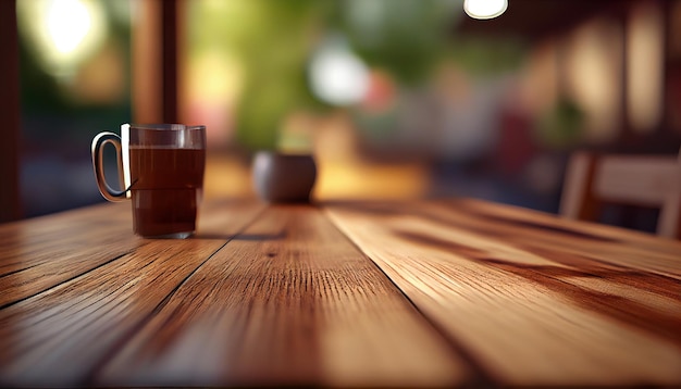 Photo empty wooden table top with blurred background ai generated image