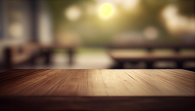 Empty wooden table top with blurred background Ai generated image