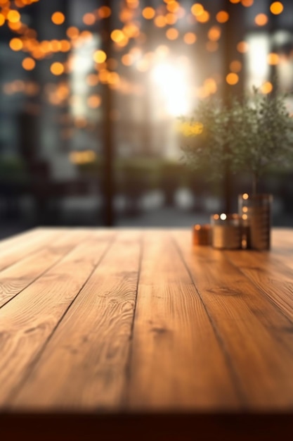 Empty wooden table top with blurred background AI generative