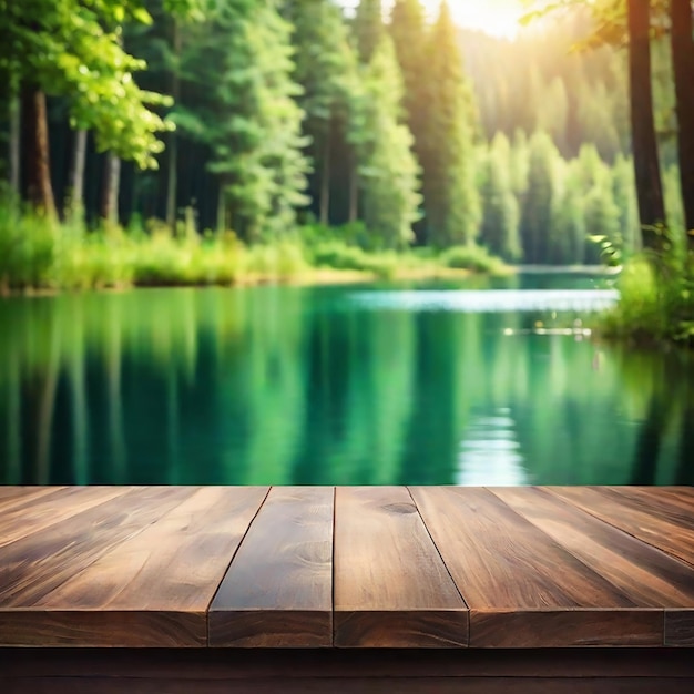 Пустая деревянная столовая с размытым фоном озер и зеленых лесов, созданных ИИ