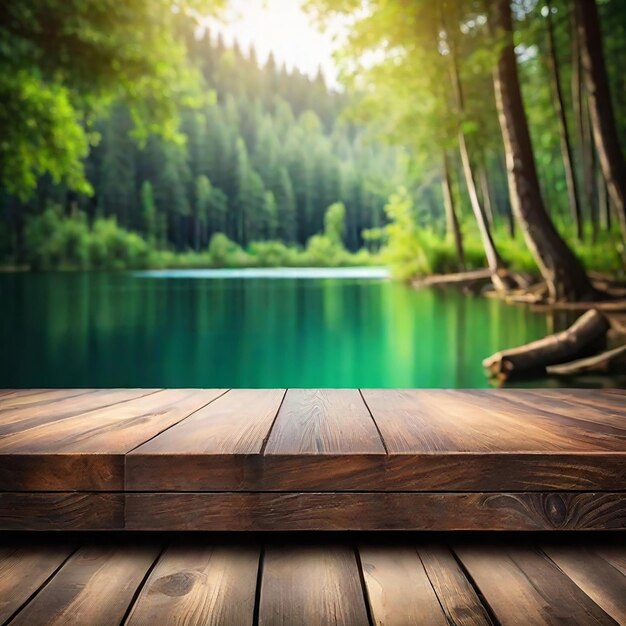 The empty wooden table top with a blurred background of lakes and green forests generated by AI