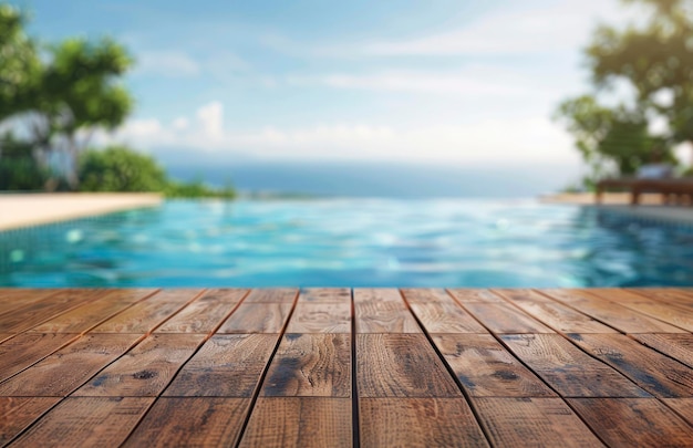 Фото Пустая деревянная столовая с размытым фоном бассейна и моря