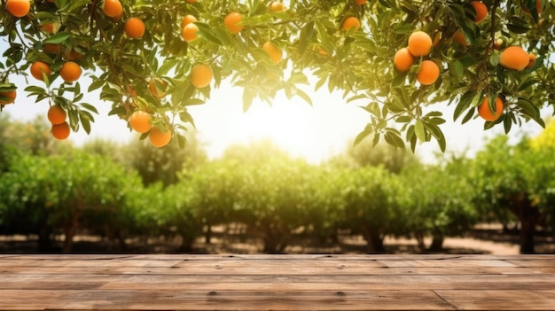 オレンジの木の庭のぼんやりした背景の空の木製のテーブルトップ