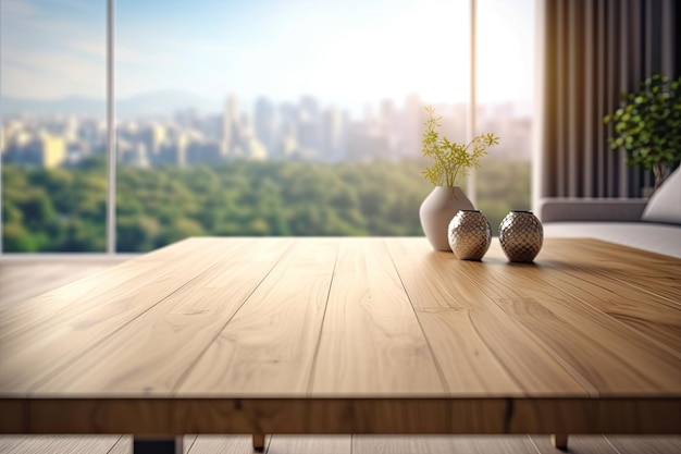 Empty Wooden Table Top with Blurred Living Room Background