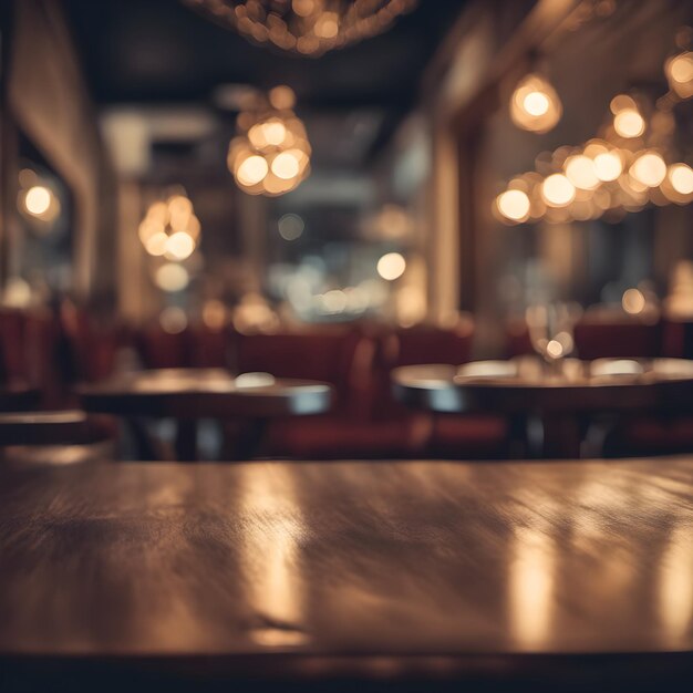 Empty Wooden Table Top with Blurred Restaurant Background Ai Generated