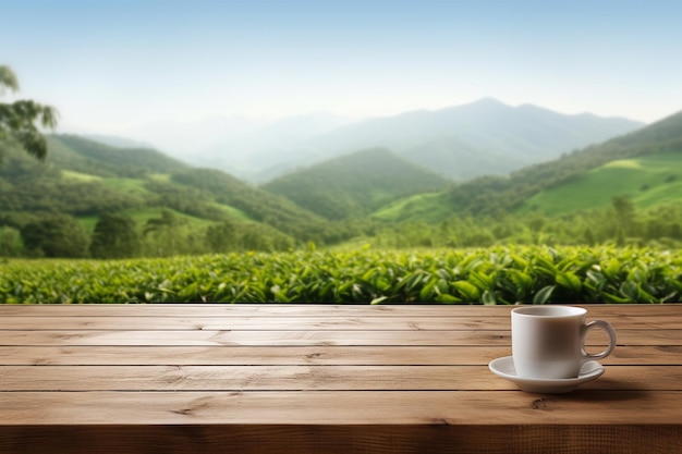 Empty wooden table top with blurred tea plantation background for product display montage