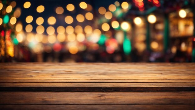 Empty wooden table top with bokeh background for ads product display