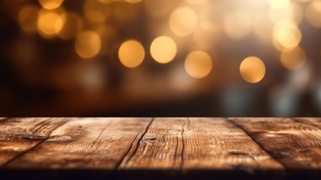 Il piano del tavolo in legno vuoto con sfondo bokeh esuberante