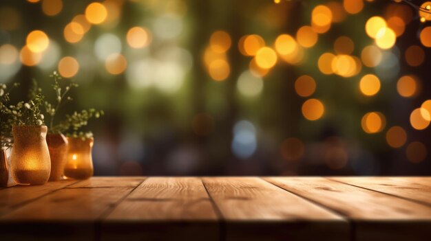 Photo the empty wooden table top with bokeh background generative ai image aig30