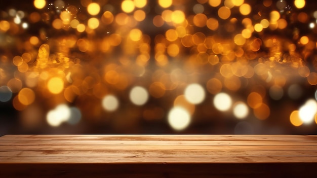 Empty wooden table top with bokeh lights on blur abstract background