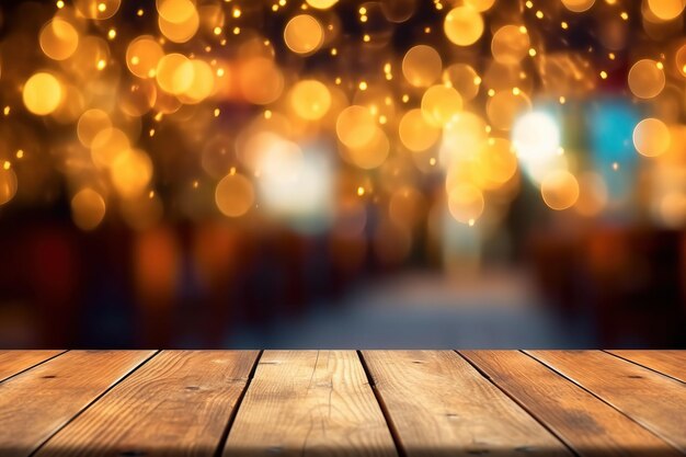 Foto piano d'appoggio vuoto in legno con luci bokeh su sfondo astratto sfocato