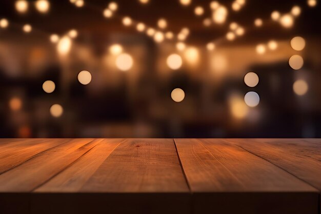 Empty wooden table top with bokeh lights on blurred