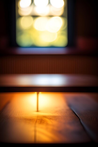 Empty wooden table top with bokeh lights