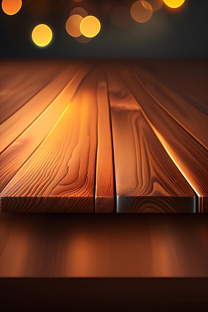 Empty wooden table top with bokeh lights