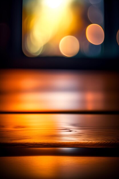 Empty wooden table top with bokeh lights