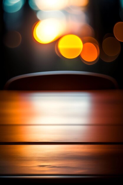 Empty wooden table top with bokeh lights