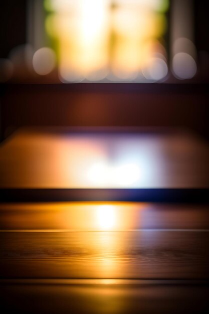 Empty wooden table top with bokeh lights