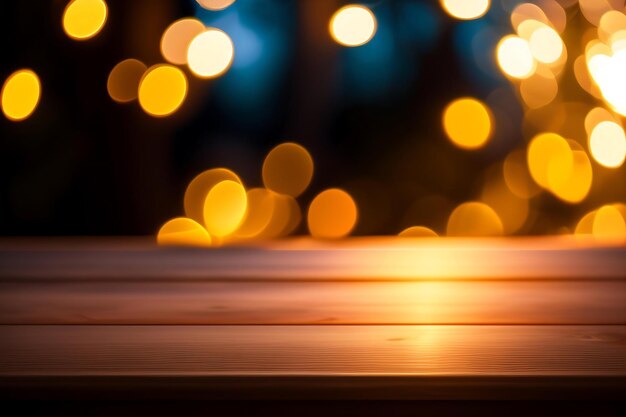 Empty wooden table top with bokeh lights