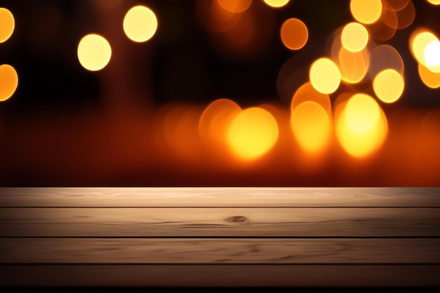 Empty wooden table top with bokeh lights