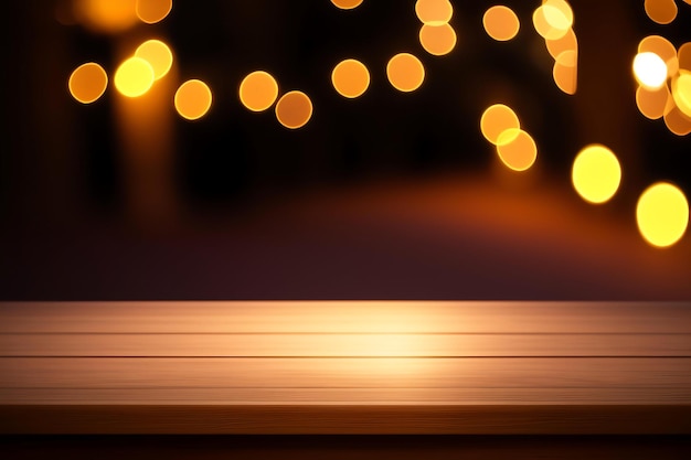 Empty wooden table top with bokeh lights