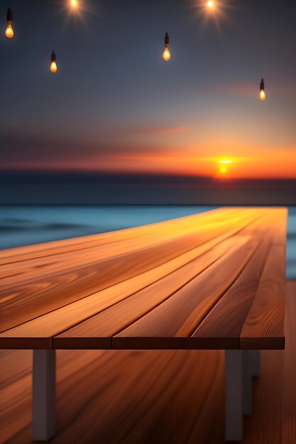 Empty wooden table top with bokeh lights