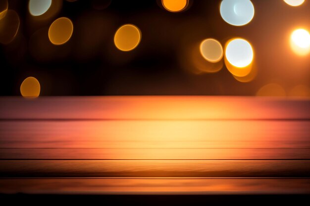 Empty wooden table top with bokeh lights