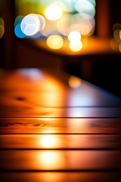 Empty wooden table top with bokeh lights