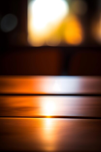 Empty wooden table top with bokeh lights