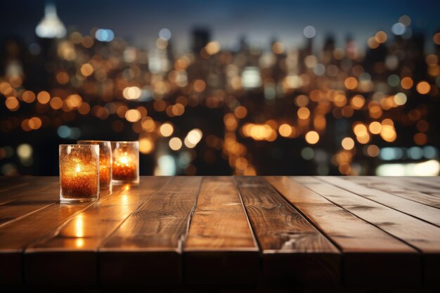 Empty wooden table top with defocused bokeh city lights professional photography