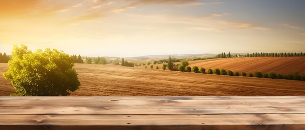 Foto tavolo di legno vuoto con paesaggio agricolo con trattore durante lo sfondo luminoso del tramonto autunnale