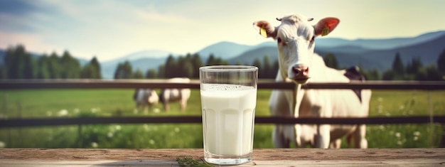 Empty wooden table top with glass of milk and cow in background