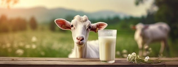 Empty wooden table top with glass of milk and goat in background