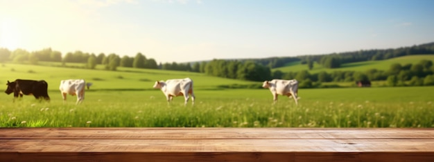Empty wooden table top with grass field and cows in background