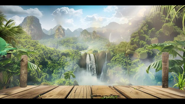 Photo empty wooden table top with jungle landscape