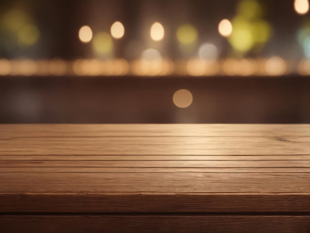 Empty wooden table top with lights bokeh on blur cafe background Wooden brown table