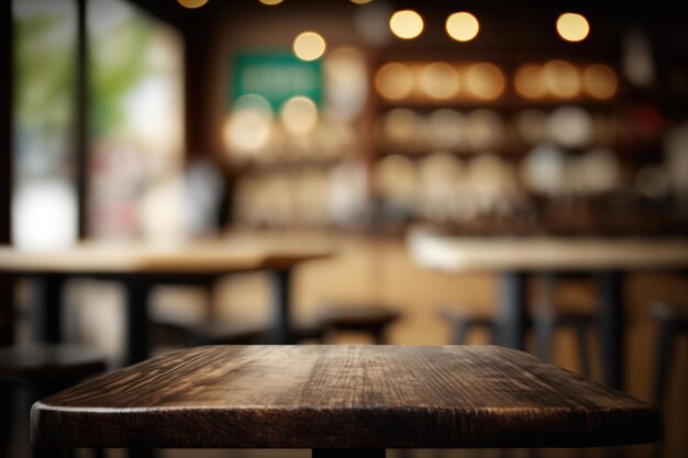 Empty wooden table top with lights bokeh on blur cafe restaurant backgroundGenerative AI