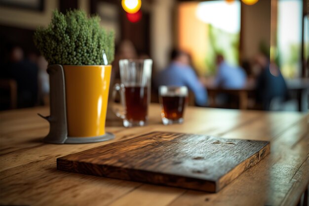Empty wooden table top with lights bokeh on blur restaurant background Generative AI illustration