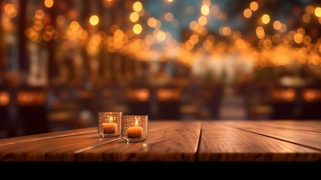 Empty wooden table top with lights bokeh on blur restaurant background Generative AI