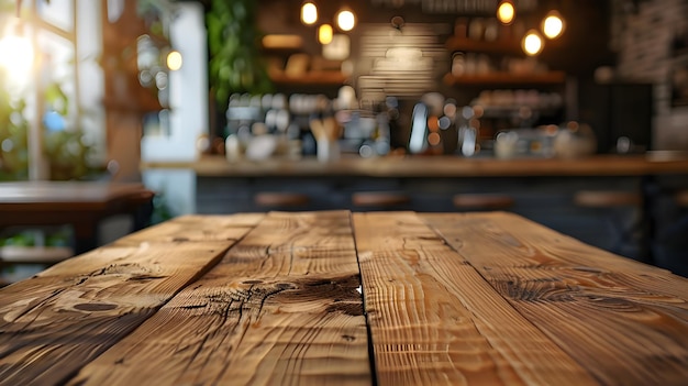 Empty wooden table top with lights bokeh on blur restaurant background