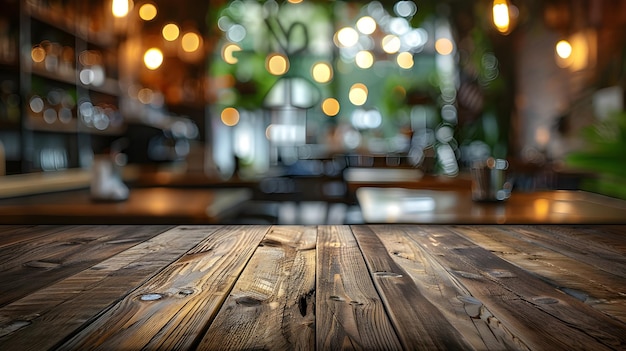 Empty wooden table top with lights bokeh on blur restaurant background