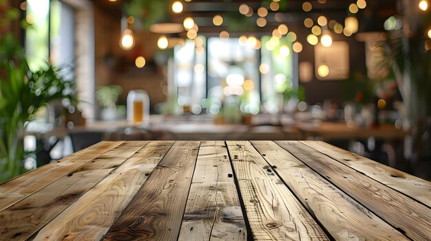 ぼんやりしたレストランの背景に照明を照らした空の木製のテーブルトップ