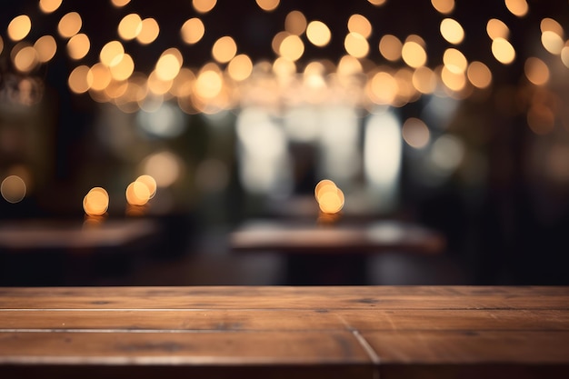 Empty wooden table top with lights bokeh on blury background neural network generated image