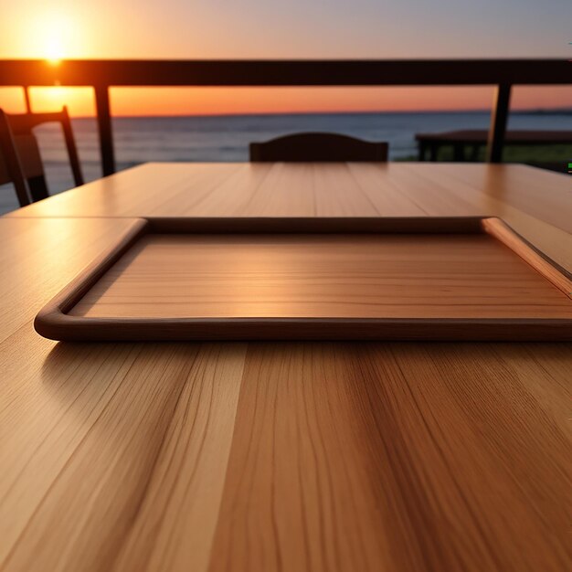 The empty wooden table top with a sunset photo blur background generated by AI