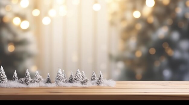 Empty wooden table top with warm living room decor blur background with snow Mock up banner for display of advertise product Generative Ai