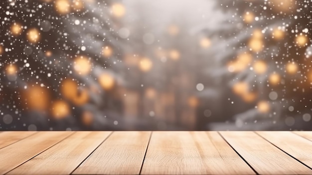 Пустая деревянная столешница с теплым декором гостиной размытия фона со снегом Макет баннера для отображения рекламного продукта Generative Ai