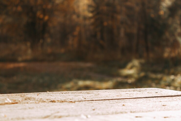 Photo an empty wooden table and an unfocused autumn forest in the background. great for mounting product display.