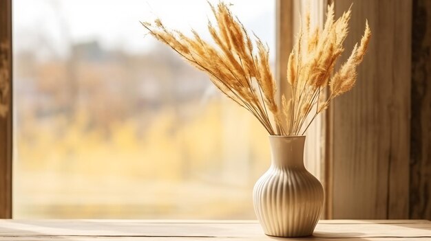 Empty wooden table and vase with dry flowers