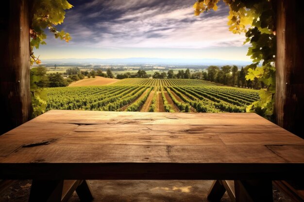 Empty wooden table Vineyard view out of open window Generative AI