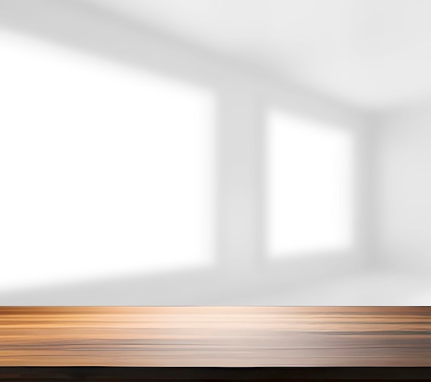 空の木製テーブルと窓の部屋の室内装飾背景製品の展示用にモックアップ